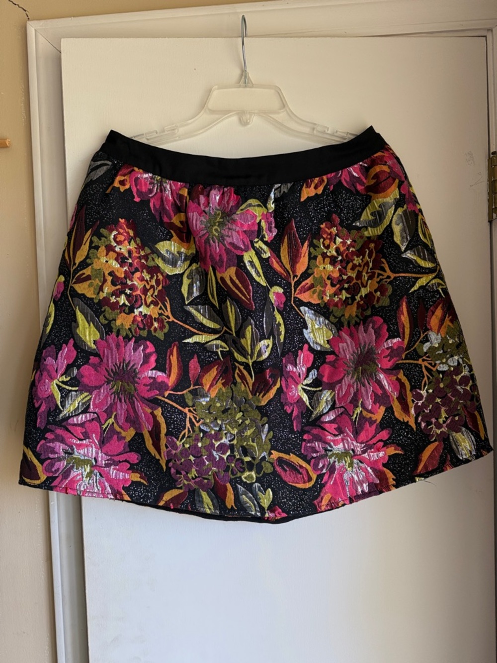 Floral A-Line Skirt in Black and Pink with metallic thread